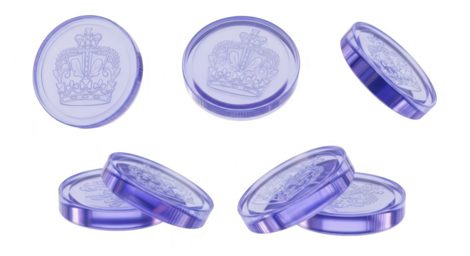 Transparent coins with royal crown design rotate against a clean white backdrop suggesting wealth finance or investment