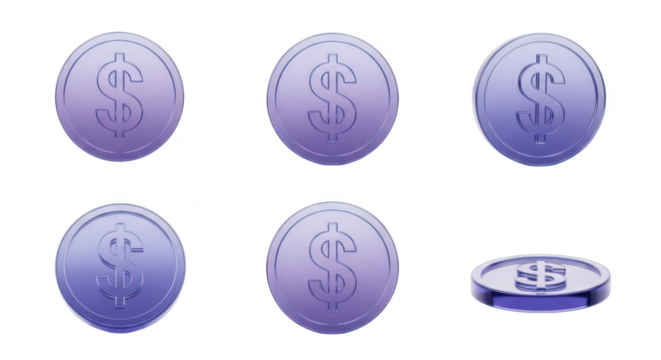 3D rendered purple dollar coins displayed in multiple positions against a white background suitable for financial illustrations or monetary themes