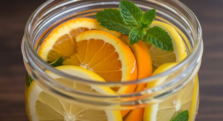 Fresh Lemon and Orange Slices with Mint in a Glass Jar