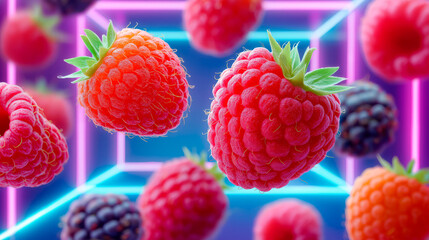 Abstract Art: Floating berries form geometric shapes with neon lighting in a modern art style.