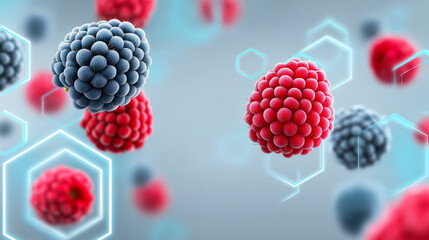 Abstract Art: Floating berries form geometric shapes with neon lighting in a modern art style.