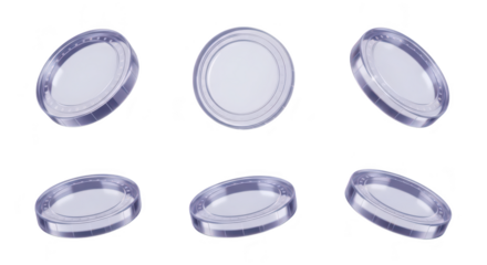 Transparent levitating discs in various angles isolated on a white backdrop for product mockups and design elements