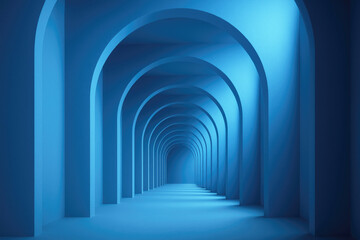 Obraz premium Long corridor with archways illuminated in blue light creating a serene and modern atmosphere at an art installation in a gallery