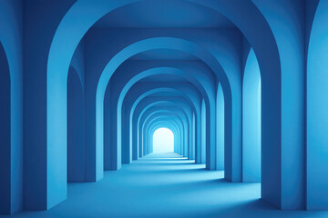 Obraz premium Artistic architectural space featuring blue arches and a bright light at the end, conveying a sense of depth and tranquility in a modern environment