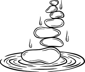 Line art balancing rocks on the water, minimalistic digital art