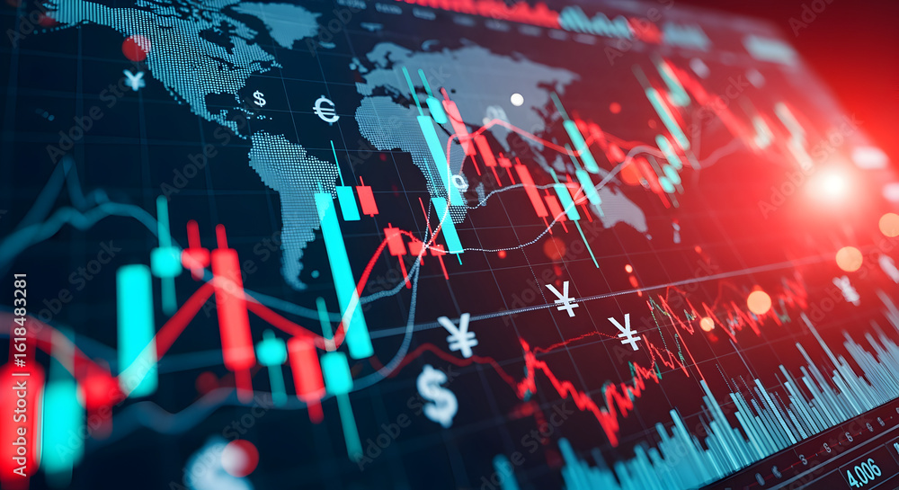 Poster global stock market chart overlaying world map on digital screen with red and blue line graphs in da