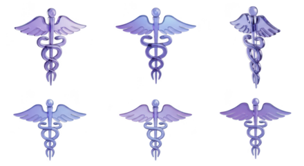 Six translucent Caduceus symbols float on a white background symbolizing medicine healthcare and medical professions suitable for design elements