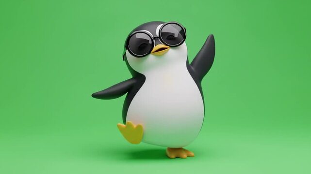 Cute 3D penguin wearing black shades doing a happy dance, on a bright green screen background, perfect loop