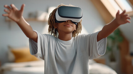 Young boy exploring virtual reality with vr headset in cozy home setting