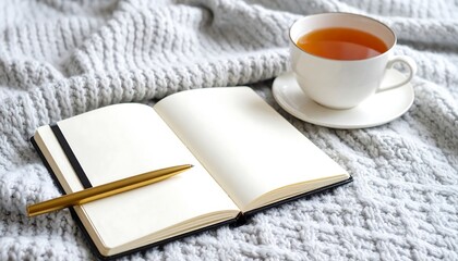 Cozy Morning Scene: Tea, Journal, and Golden Pen on Knitted Blanket