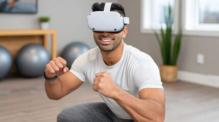 Virtual reality fitness enthusiast wearing headset and white tee engaging in interactive workout session at home