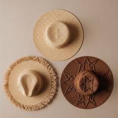 Flat lay of three different straw hats on a beige background. Summer fashion accessories for a beach vacation.