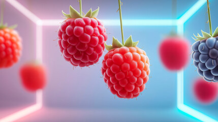 Abstract Art: Floating berries form geometric shapes with neon lighting in a modern art style.