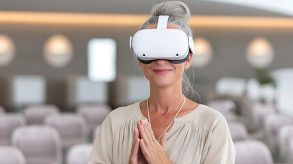 Mature woman with silver hair experiencing virtual reality in modern setting for technology and innovation themes