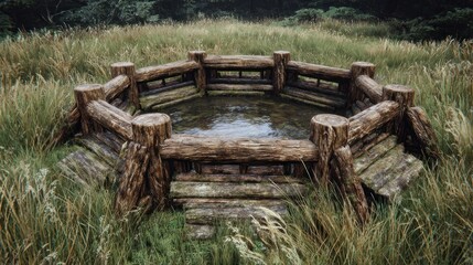 Obraz premium Wooden circular pool in grassy field
