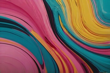 This dynamic abstract image features bold swirls of teal, pink, and yellow paint, creating a smooth, textured pattern with a vibrant, energetic feel. Perfect for backgrounds, creative projects
