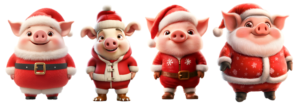 Collection of funny cartoon Christmas pigs and santa characters in festive costumes standing together on white background
