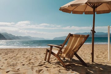 A serene sandy beach with a wooden lounge chair and a sun umbrella overlooking gentle ocean waves, set against a backdrop of distant mountains and a clear blue sky. Perfect for concepts of relaxation,