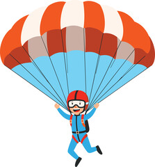 Obraz premium Cartoon man skydiving with parachute, happy male character enjoying extreme sport, colorful canopy, sky adventure activity, fun illustration