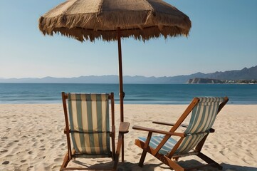 Relaxing Beach Scene with Empty Chairs and Umbrella