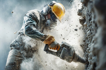 Worker skillfully operates jackhammer to break through concrete wall, creating a dynamic cloud of dust and debris
