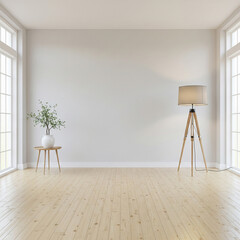 Empty room with a blank white wall for mockup. Minimalist Scandinavian interior with a wooden floor, large windows, and a lamp.

