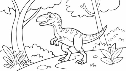 Vector Cartoon funny Utahraptor, funny image in the forest, Coloring book page for children. Line Art isolated on white background