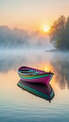 Obraz premium Colorful rowboat floats peacefully on a misty lake at sunrise
