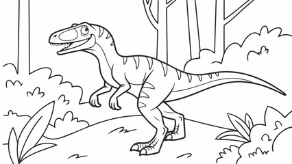 Vector Cartoon funny Utahraptor, funny image in the forest, Coloring book page for children. Line Art isolated on white background
