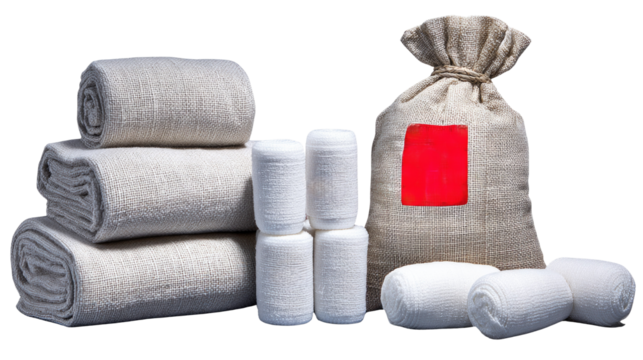 Medical Supplies Including Bandages, Gauze, and Cloth Towels for First Aid and Emergency Situations