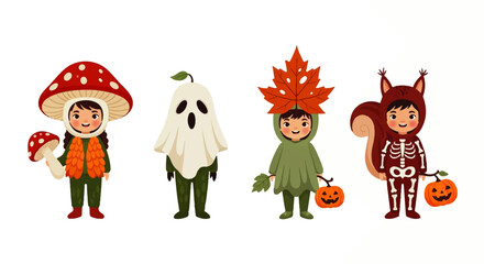Fototapeta premium Four Children in Whimsical Halloween Costumes: Mushroom Ghost Leaf and Squirrel.
