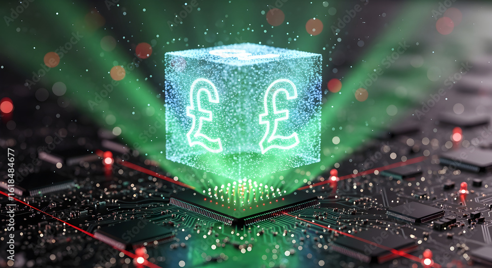 Poster glowing cubic pound symbols on a microchip circuit board in a digital finance concept with soft gree