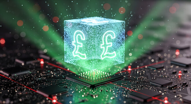 Glowing Cubic Pound Symbols on a Microchip Circuit Board in a Digital Finance Concept with Soft Green and Red Light