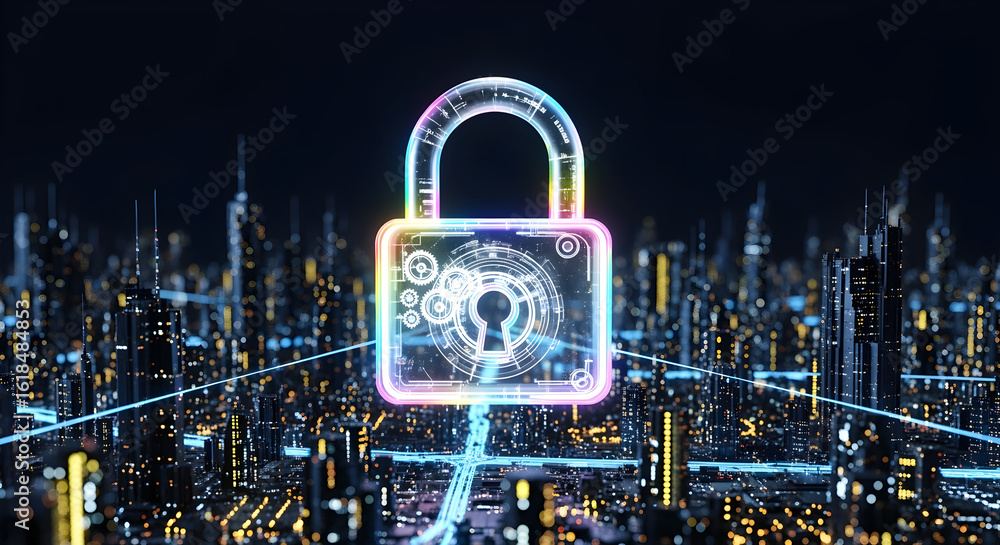 Poster glowing padlock symbol over an illuminated cityscape with data security and cybersecurity concept ar