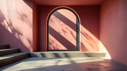 Modern minimalist interior with stunning shadows and arch doorway creating a serene atmosphere