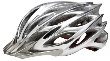 Sleek silver bicycle helmet with aerodynamic design, lightweight construction, and ventilation system for safety