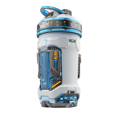 Naklejka premium A futuristic white and blue container with visible inner workings on a black background stands upright