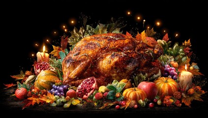 Roasted turkey centerpiece, surrounded by autumnal fruits, berries, leaves, and burning candles against a black background; festive, warm lighting