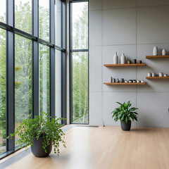Modern interior of a minimalist room with a large window looking out to a green forest. Contemporary home design.