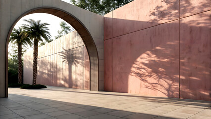 Sunlit modern architecture with palm trees and dappled shadows creates a serene, inviting oasis