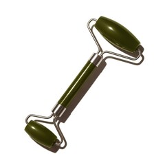 Dark green obsidian facial roller for men and woman, isolated on white background with shadows and volume. Skincare routine, massage to relieve facial tension and reduce puffiness