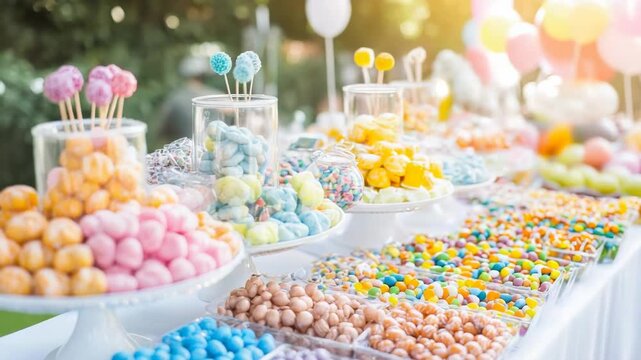 A vibrant candy table filled with a variety of colorful sweets.
