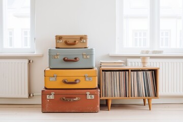 Fototapeta premium Stack of vintage suitcases beside modern bookshelf, small vinyl records pile