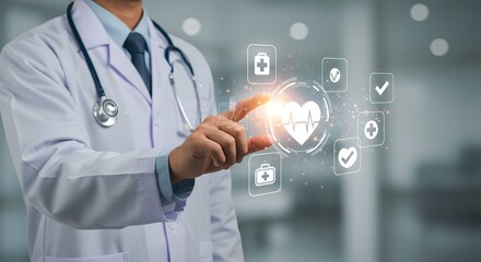 Doctor with Virtual Heartbeat and Medical Icons