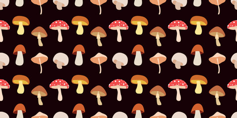 Seamless pattern with mushrooms. Autumn colorful mushrooms on autumn background. Background for autumn designs, Halloween, Thanksgiving, etc. Background with natural elements. Vector illustration.