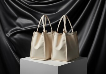 Cream canvas totebags on white plinth with dark grey silk backdrop, editorial product photo for high-end fashion branding