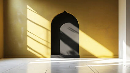 Elegant arched doorway bathed in warm sunlight, perfect for modern interior design concepts