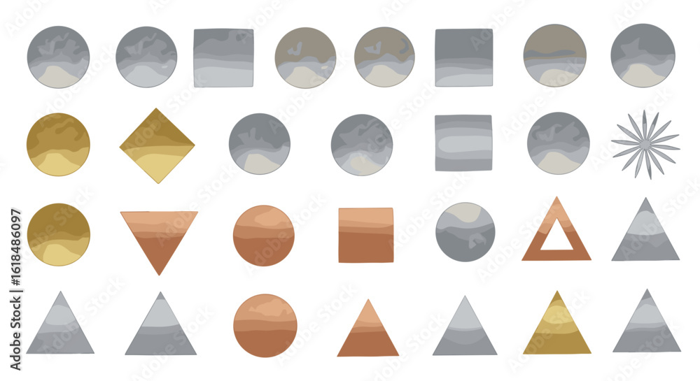 Poster assorted geometric shapes in various metallic hues arranged in a grid pattern on a white background