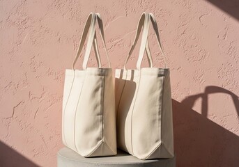 Two cream canvas totebags on concrete pedestal with blush pink wall, product photo for modern lifestyle branding visuals