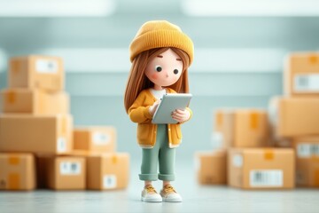 A young girl standing in front of stacked boxes, looking curiously at them.